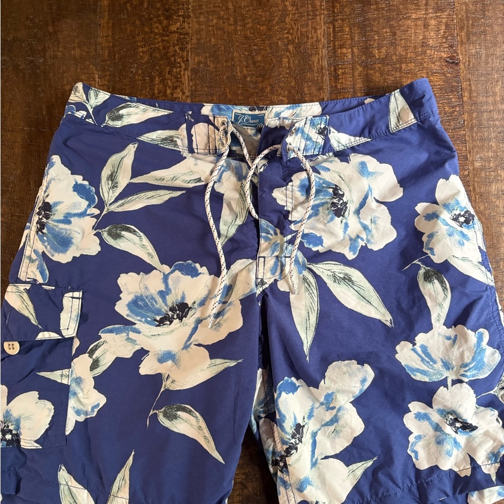 J. Crew Blue and White Floral Swim Trunks